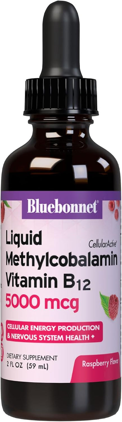 Bluebonnet Liquid Methylcobalamin Vitamin B12 5000 mcg - Active Coenzyme B12 Drops, Vegan, Gluten-Free, Raspberry Flavour, 59 ml