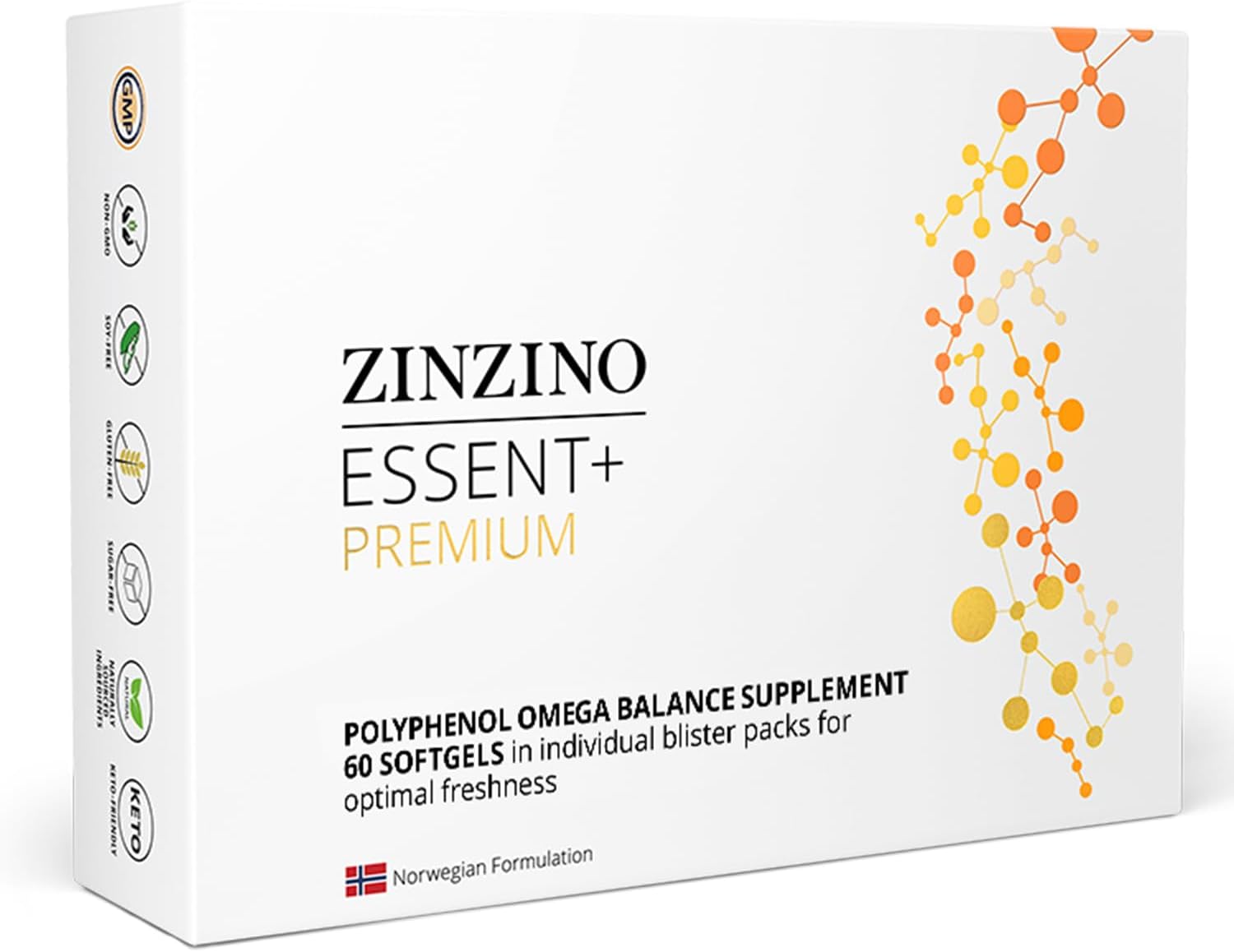 Zinzino - Essent+ Premium, Advanced Polyphenol Omega Balance with Fish Oil, Glycerine, Cold-Pressed Extra Virgin Olive Oil, Vitamin D - 60 Softgels - görsel 1