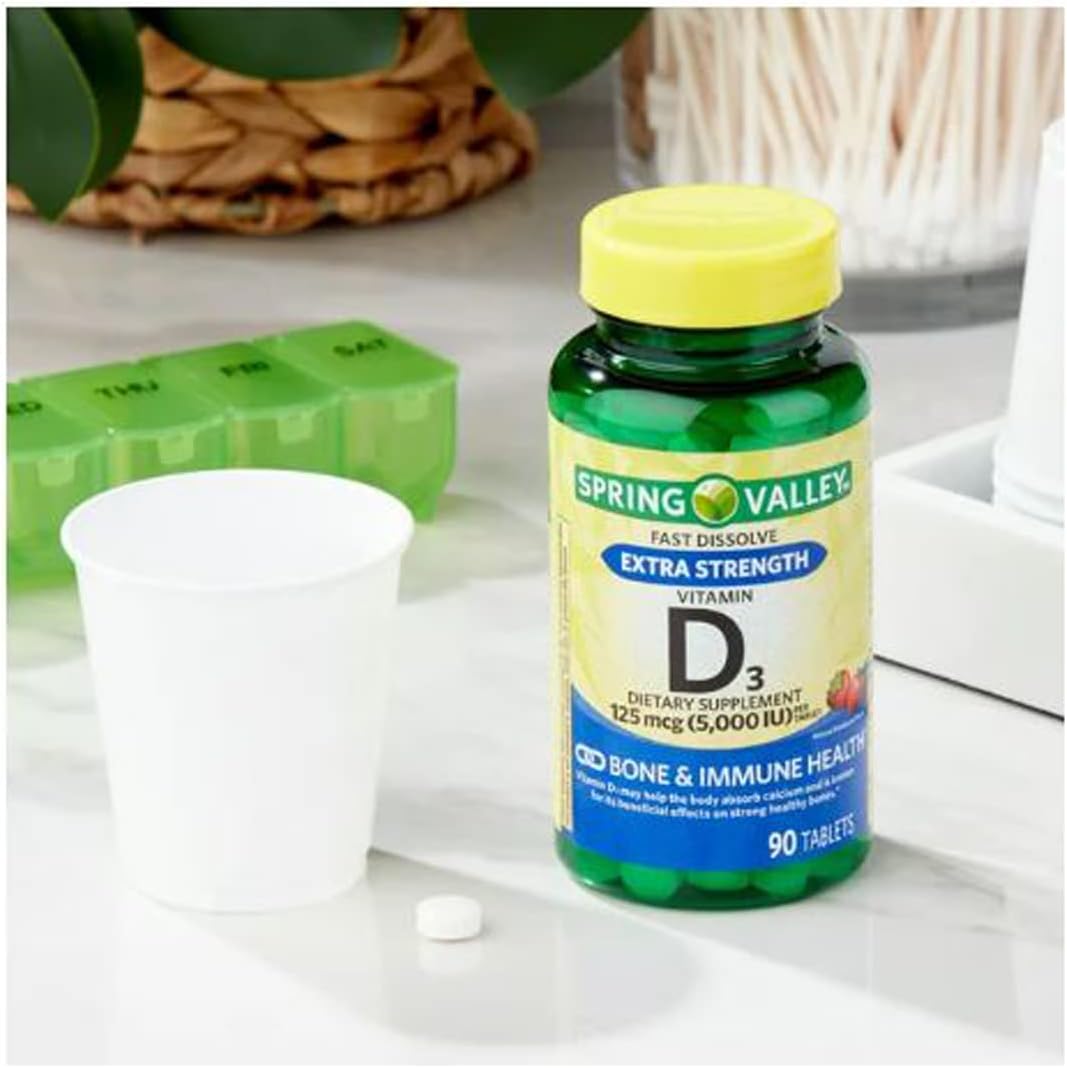 Spring Valley Extra Strength Vitamin D3 Fast Dissolve Tablets, 125 mcg (5,000 IU), Strawberry Flavour, 90 Count - görsel 4
