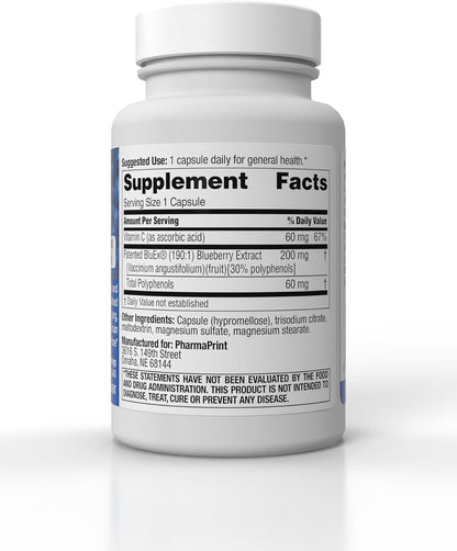 PharmaPrint BlueX - 190:1 Blueberry Extract Food Supplement, 30 Capsules