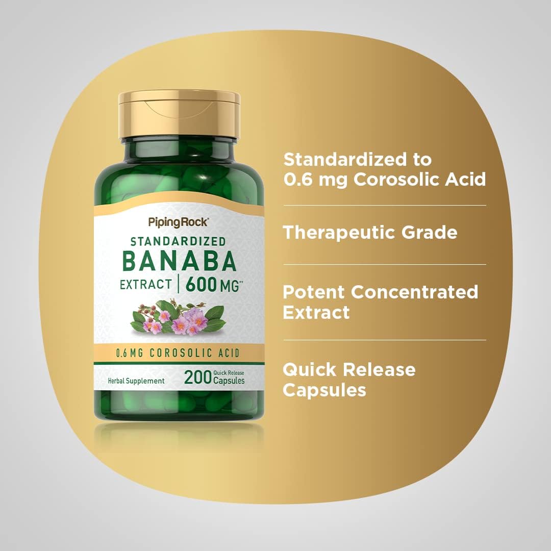 Piping Rock Banaba Leaf Extract Capsules - Standardised to 0.6 mg Corosolic Acid, Non-GM, Gluten-Free, 200 Quick-Release Capsules - görsel 4