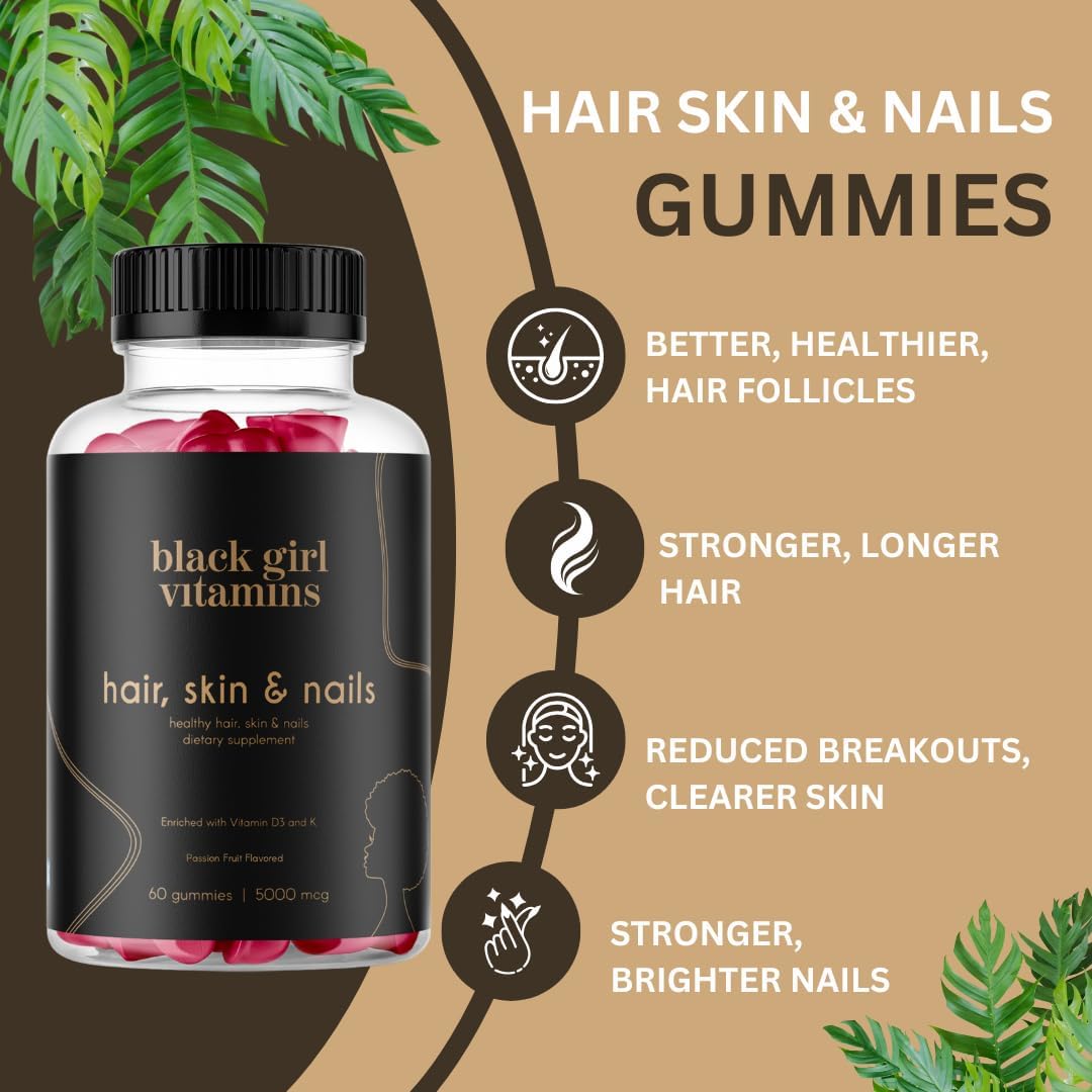 Black Girl Vitamins Hair, Skin and Nails Gummies, Biotin 6000 mcg, Zinc, Vitamins A, C, E, Passion Fruit, 120 Count - görsel 2