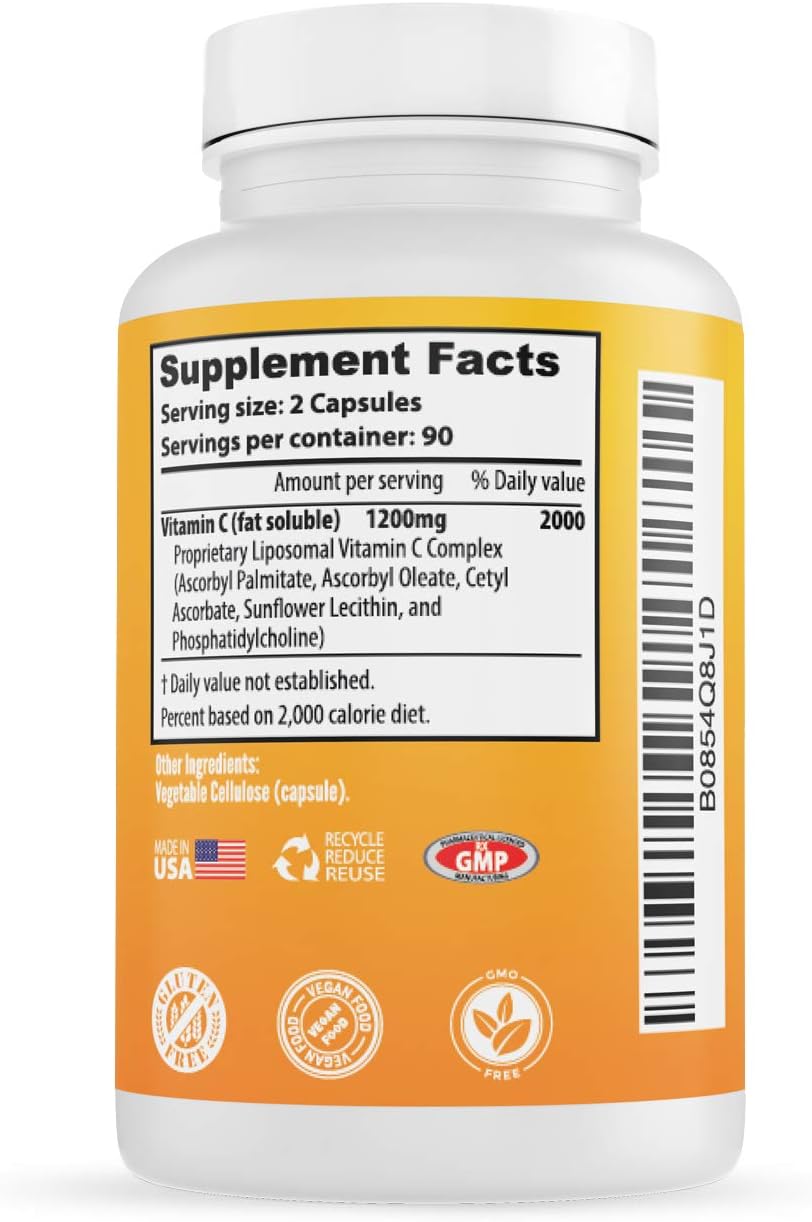 Whole Nature Liposomal Vitamin C 1200mg - High Absorption Vegan Capsules with Sunflower Lecithin - 180 Capsules - görsel 6