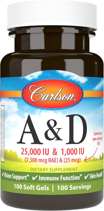 Carlson A & D, 25,000 IU Vitamin A & 1,000 IU Vitamin D3, 100 Softgels