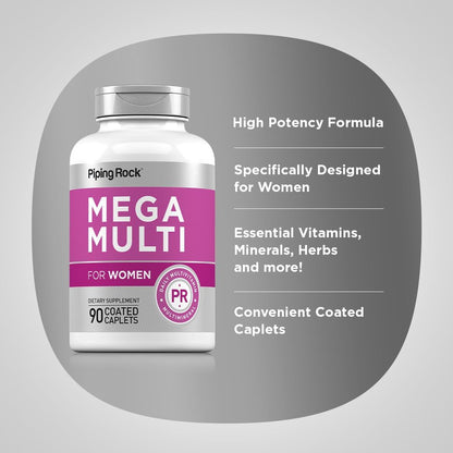 Piping Rock Multivitamin for Women, 90 Caplets — Daily Essential Multi Supplement with Vitamins A, B, C, D, and E, Non-GMO, Gluten-free