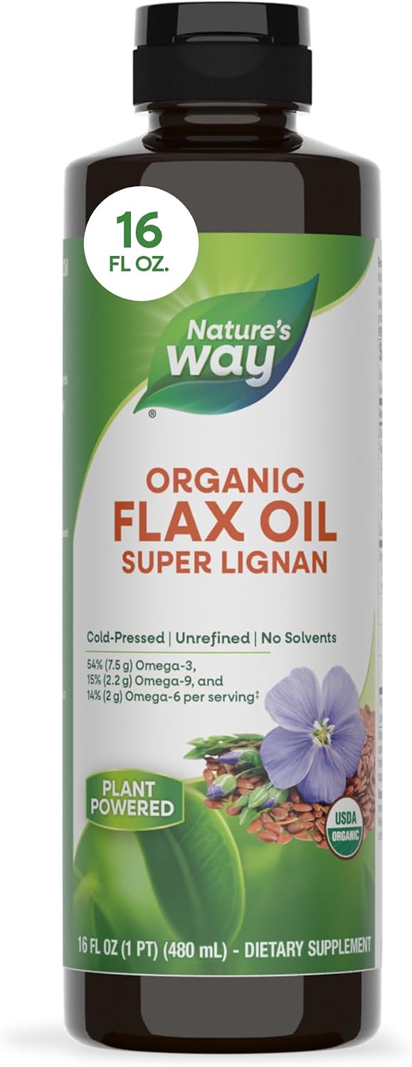 Nature's Way Organic Flax Oil Super Lignan, Cold-Pressed Flaxseed Oil with Omega-3 ALA, Unrefined Organic Liquid, 473 ml - görsel 1