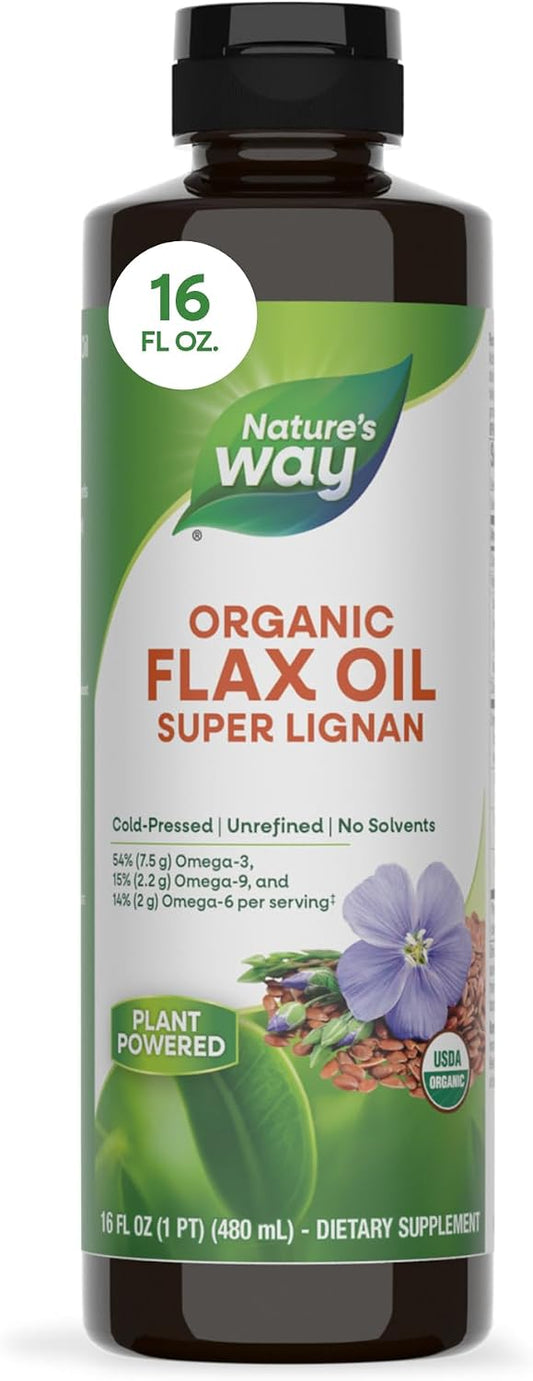 Nature's Way Organic Flax Oil Super Lignan, Cold-Pressed Flaxseed Oil with Omega-3 ALA, Unrefined Organic Liquid, 473 ml