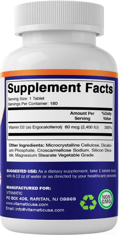 Vitamatic Vitamin D2 60 mcg (2400 IU) – Ergocalciferol – 180 Vegetarian Tablets (3 Bottles)