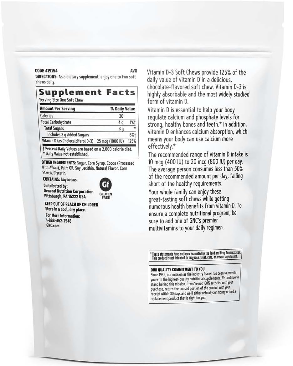 GNC Vitamin D-3 Soft Chews 1000IU – Chocolate – Twin Pack - görsel 2
