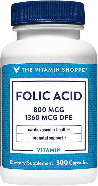 The Vitamin Shoppe Folic Acid 800 mcg, Prenatal Support – 300 Capsules