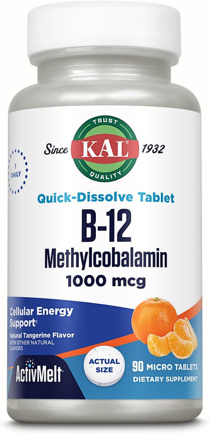 KAL Vitamin B12 Methylcobalamin 1000mcg, Fast Dissolve ActivMelt, Natural Tangerine Flavour – 90 Micro Tabs