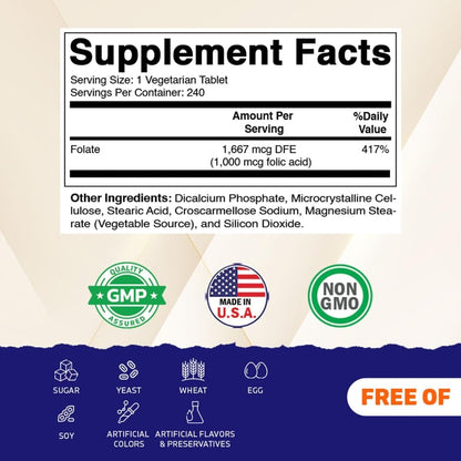 Vitamatic Folic Acid 1000 mcg (1 mg) - 480 Vegetarian Tablets (Pack of 2)