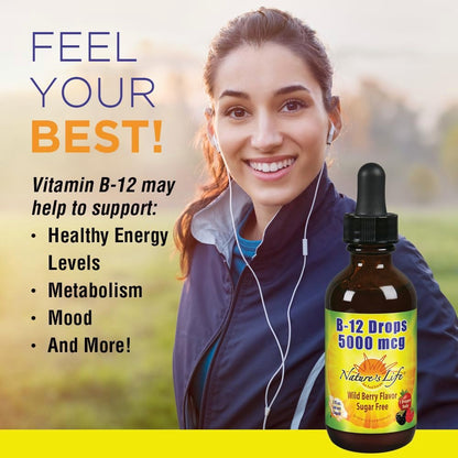 Nature's Life B12 Drops 5000 mcg - Vitamin B12 Methylcobalamin Liquid Supplement, Natural Mixed Berry Flavour, 59 ml