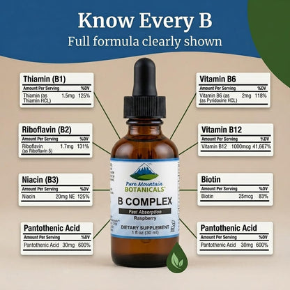 Pure Mountain Botanicals Liquid Vitamin B Complex - B12 B6 Drops - Raspberry Flavour - Kosher Non-GMO - 30 Servings