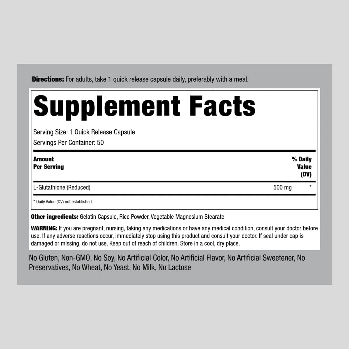 Piping Rock L-Glutathione 500 mg, 50 Capsules, Reduced Form, Non-GM, Gluten-free - görsel 2