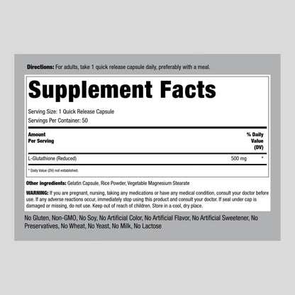 Piping Rock L-Glutathione 500 mg, 50 Capsules, Reduced Form, Non-GM, Gluten-free