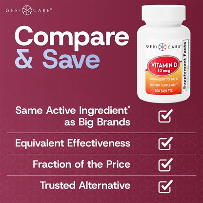 GeriCare Vitamin D-3 (400 IU) & Calcium (25 mg) Tablets – 100 Tablets