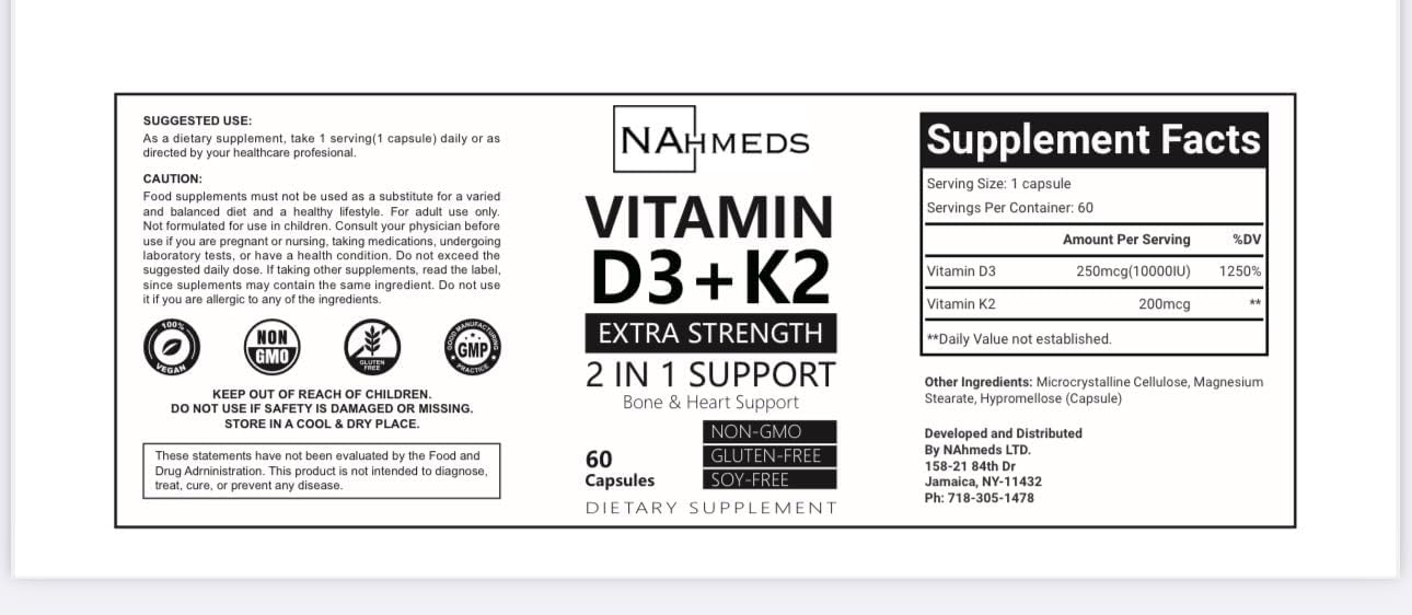 Vitamin D3 + K2 Extra Strength – 60 Capsules, High-Potency Bone & Heart Health Support, Non-GMO, Gluten-free - görsel 2