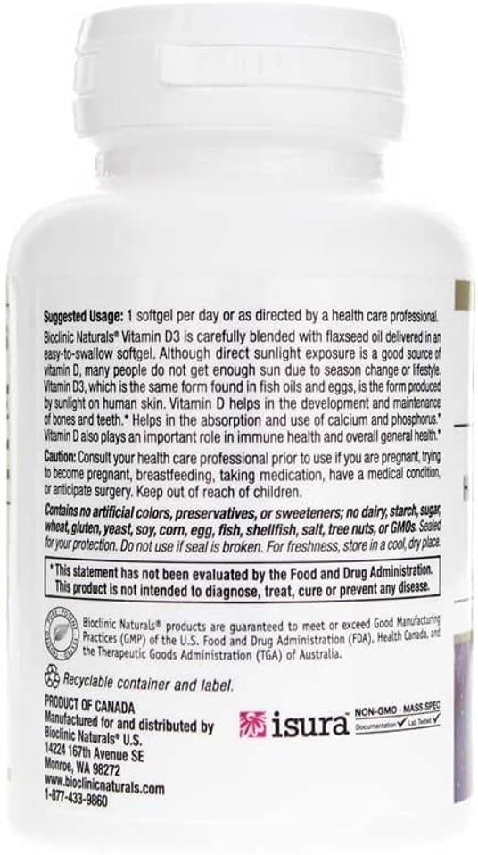 Bioclinic Naturals Vitamin D3 2,000 IU (50 mcg) 180 Soft Capsules - görsel 3
