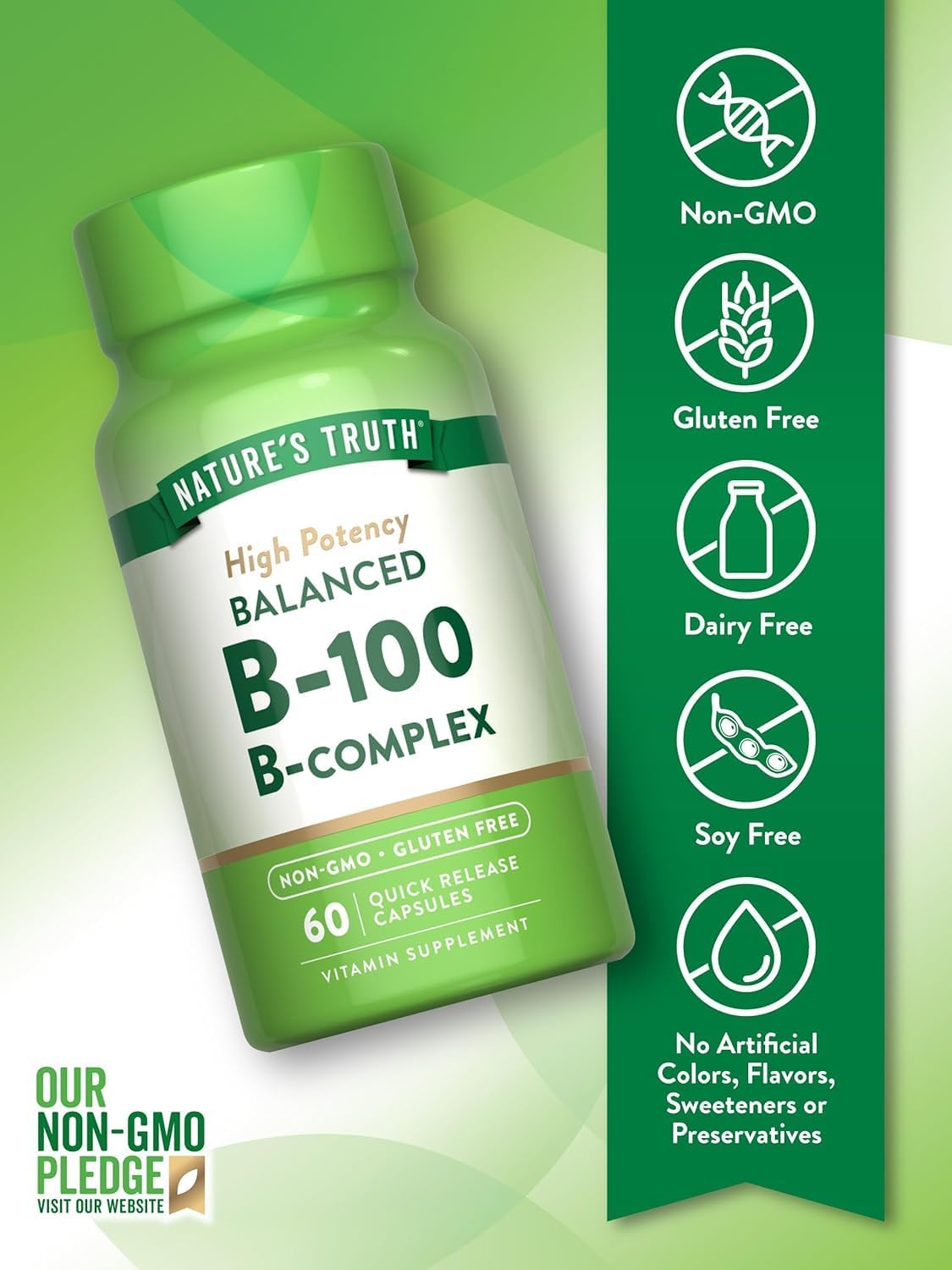 Nature's Truth High-Strength Balanced B-100 B-Complex, 60 Tablets (Pack of 3) - görsel 3