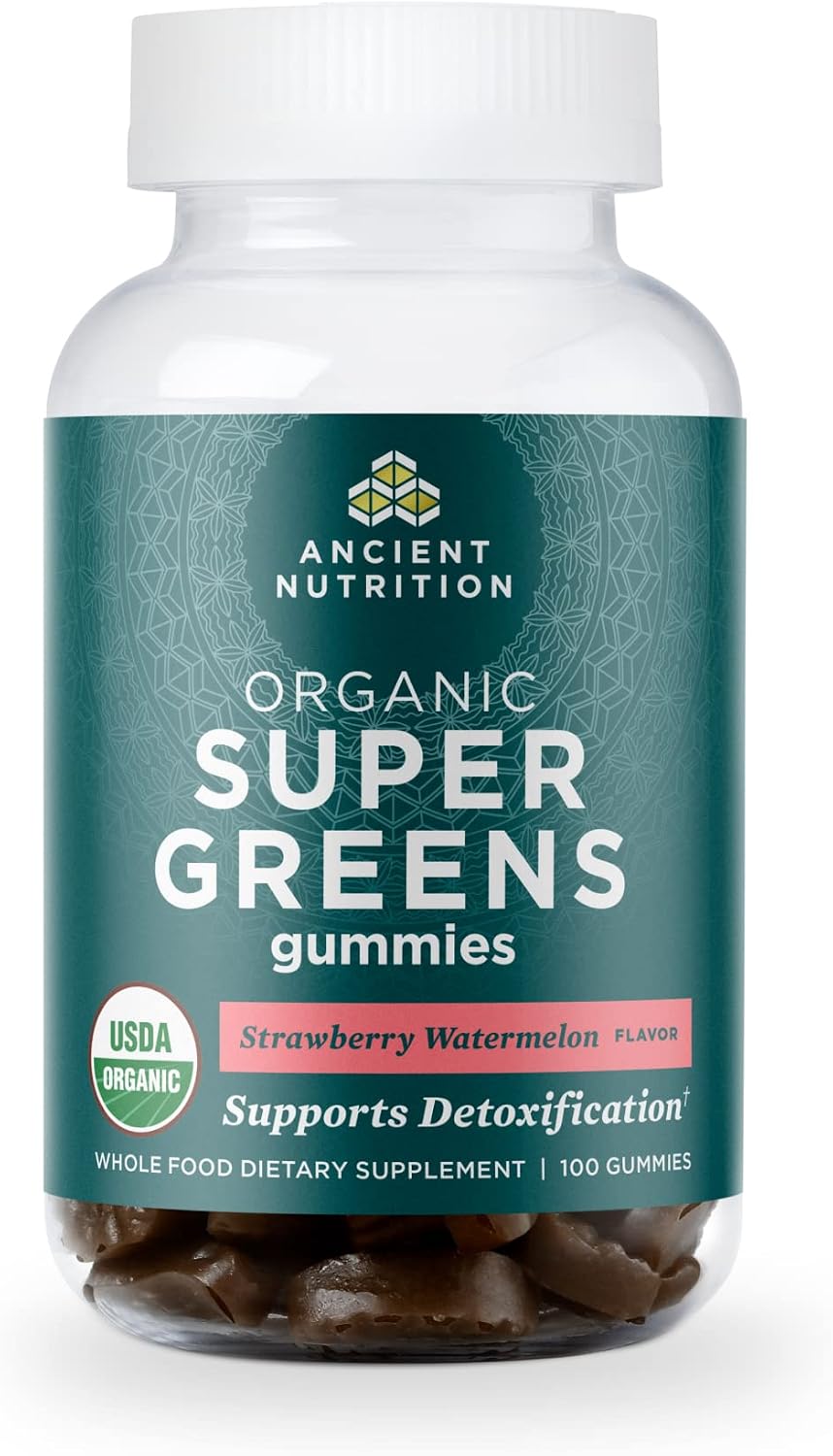 Ancient Nutrition Supergreens Gummy, Organic Superfood Gummy Made from Real Fruits, Vegetables and Herbs, for Digestive and Energy Support, 100 Count, Strawberry Watermelon - görsel 1