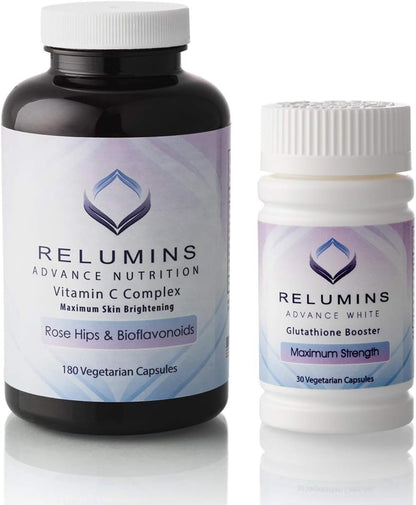 Relumins Advanced Vitamin C MAX Complex and Glutathione Booster Nutrient Capsules Set – Advanced Formula for Radiant Look, Enhanced Absorption, Food Supplement, 2-Piece Capsule Set