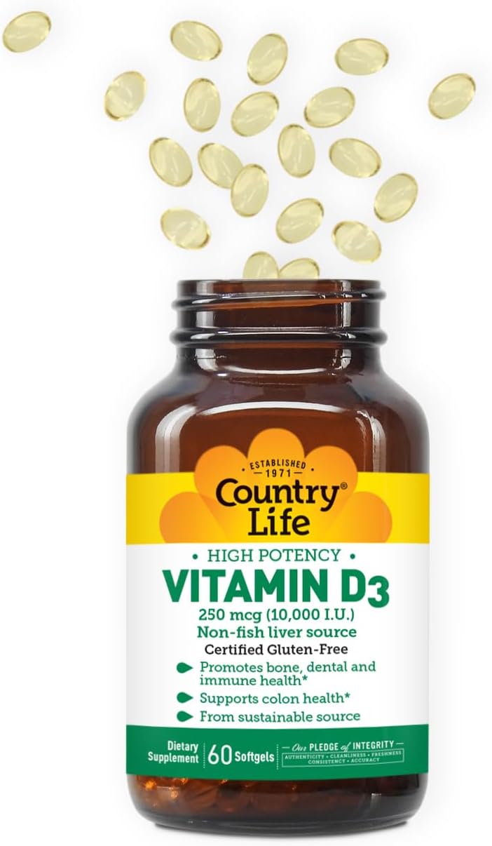 Country Life Vitamin D3 10,000 IU – High Potency, Non-Fish Source | Supports Bone, Immune & Cell Division Health | 60 Softgels | Certified Gluten-Free, Clean Formula with MCT Oil for Better Absorption - görsel 4