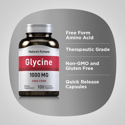 Piping Rock Glycine 1000mg Capsules - Free Form Amino Acid, Non-GMO, Gluten-Free (100 Capsules)