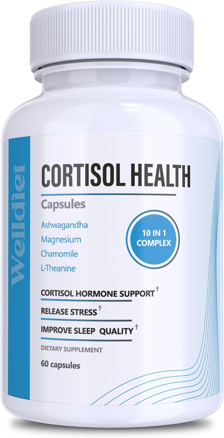 Welldiet 10-in-1 Cortisol Supplement with Magnesium, Ashwagandha, Chamomile, L-Theanine, St. John's Wort, Rhodiola - 60 Capsules - görsel 1