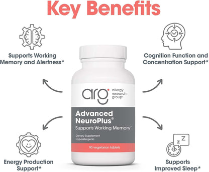 Allergy Research Group Advanced NeuroPlus - Nootropic Formula with Spearmint Extract, Lion's Mane & Citicoline - Supports Working Memory, Focus & Cognitive Function - 90 Tablets