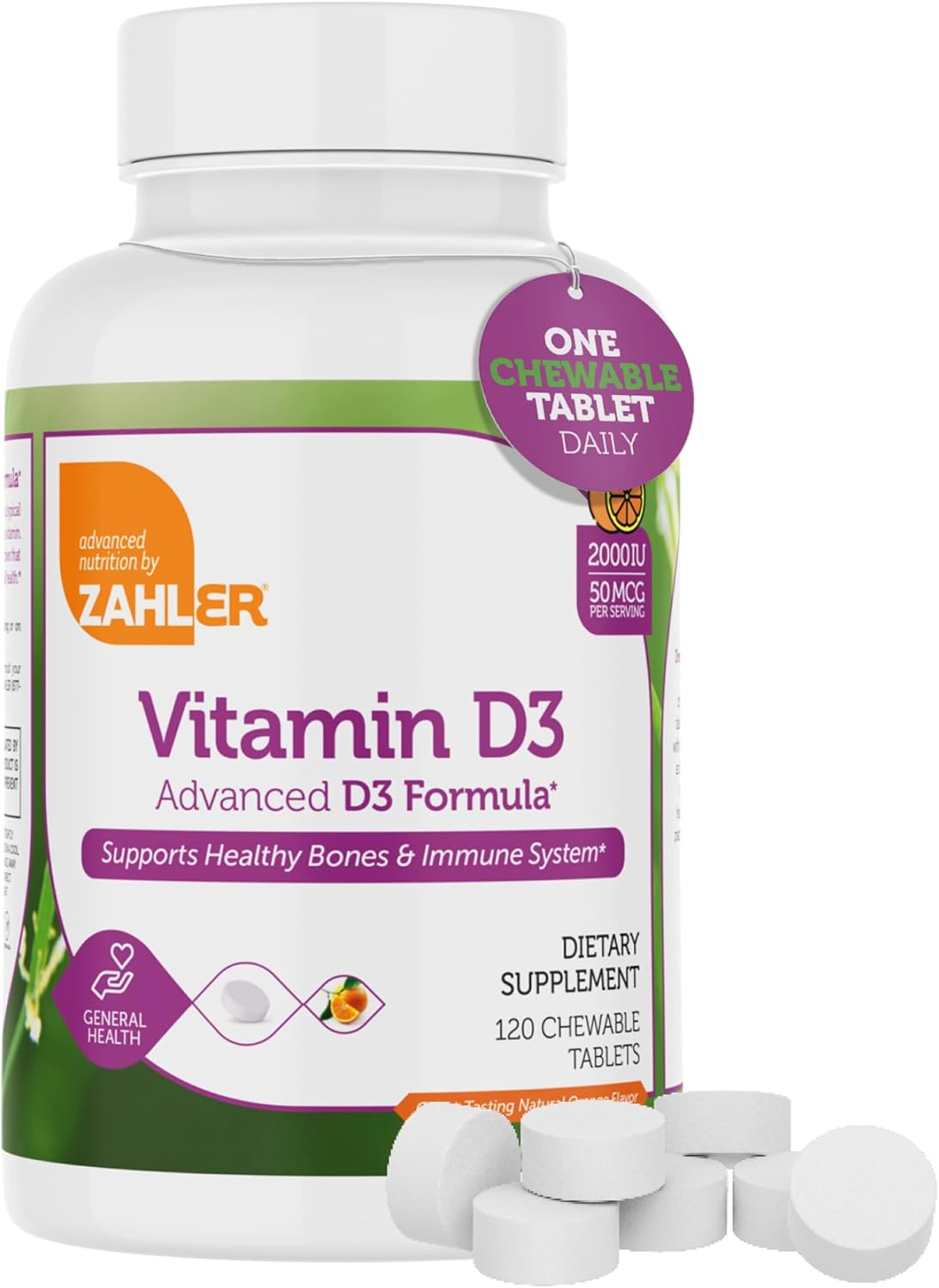 Zahler Vitamin D3 Chewable 2000IU - Orange Flavoured Tablets (120 Count) - görsel 1