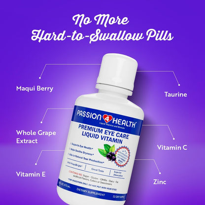 Passion 4 Health Liquid Eye Vitamins – Natural Vision & Adult Eye Support Supplement – Premium Formula with Maqui Berry Extract, Gluten-Free, Non-GMO, Sugar-Free – 30-Day Supply, Made in USA