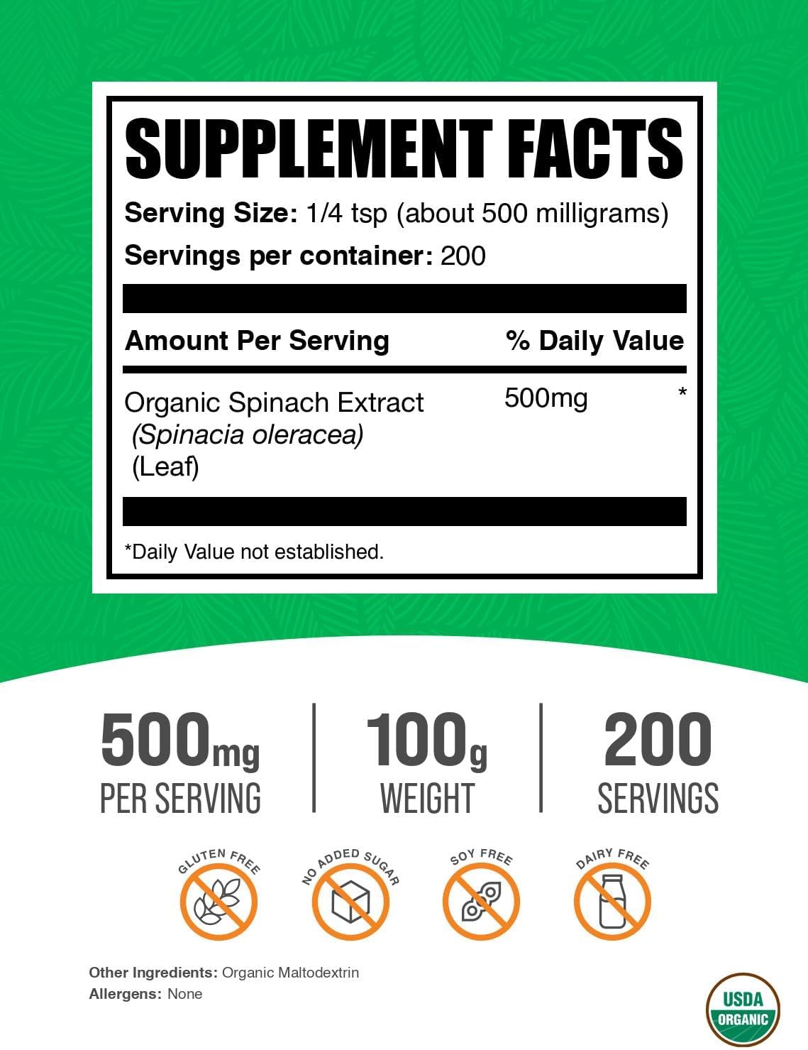 BulkSupplements.com Organic Spinach Extract Powder - 500mg per Serving, 100g - görsel 2
