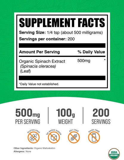 BulkSupplements.com Organic Spinach Extract Powder - 500mg per Serving, 100g