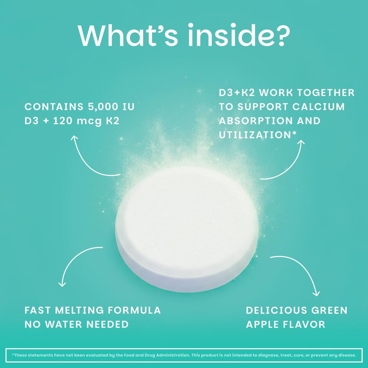 EZ Melts Dissolvable Vegan Vitamin D3 + K2 5,000 IU, Green Apple, 90 Tablets - görsel 4