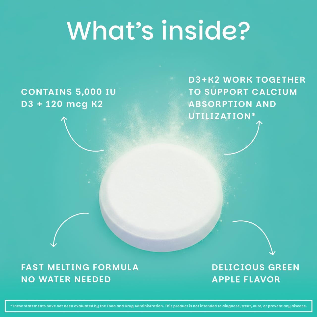 EZ Melts Dissolvable Vegan Vitamin D3 + K2 5,000 IU, Green Apple, 90 Tablets - görsel 4