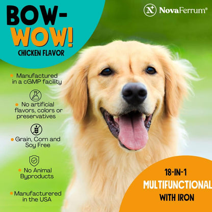 NovaFerrum Bow Wow 18-in-1 Multifunctional Dog Supplement with Iron, Glucosamine, Probiotics & Antioxidants, Chicken Flavour, 90 Chews