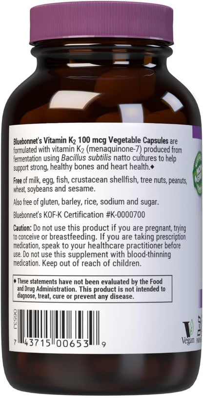 Bluebonnet Nutrition Vitamin K2 Supplement 100 mcg Daily Vit K2 MK7 for Bone and Clotting Support* - Vegan, Non-GMO, Dairy-Free, Gluten-Free - 100 Vegetable Capsules