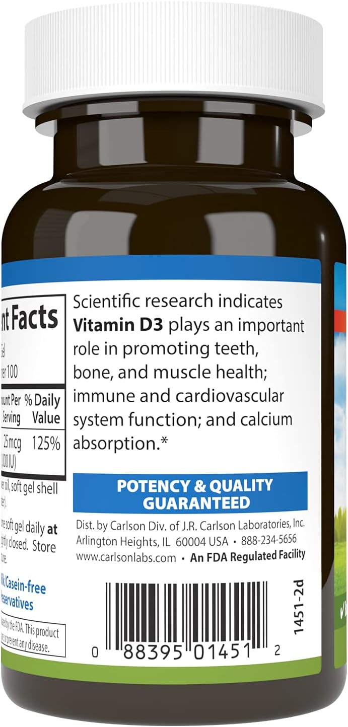 Carlson Vitamin D3 1000 IU (25 mcg) Softgels - 100 Count - görsel 3