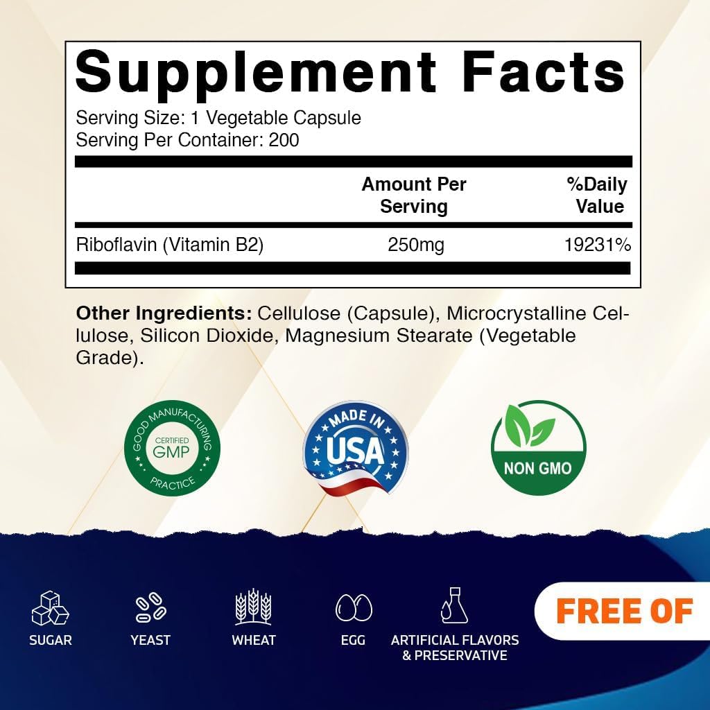 Vitamin B2 (Riboflavin) 250 mg, 200 Vegetarian Capsules – Contributes to Energy Metabolism, Nervous System Health, Skin & Eye Health, Antioxidant Support – Non-GMO, Gluten-Free - görsel 2