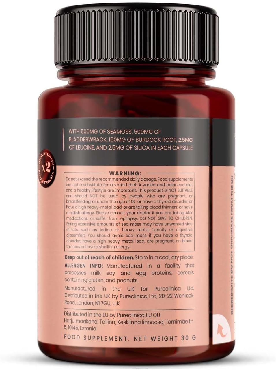 pureclinica Double Strength Seamoss Complex – 1155mg x 120 Capsules (4 Months Supply) – with Sea Moss, Bladderwrack & Burdock Root - görsel 7