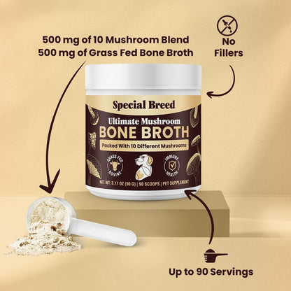 Beef Bone Broth for Dogs – High Protein Powder with Ten Organic Mushrooms and Collagen