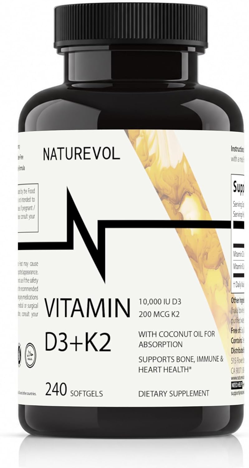 NATUREVOL Vitamin D3 10,000 IU + K2 200mcg with Coconut Oil - 240 Soft gel capsules - görsel 1