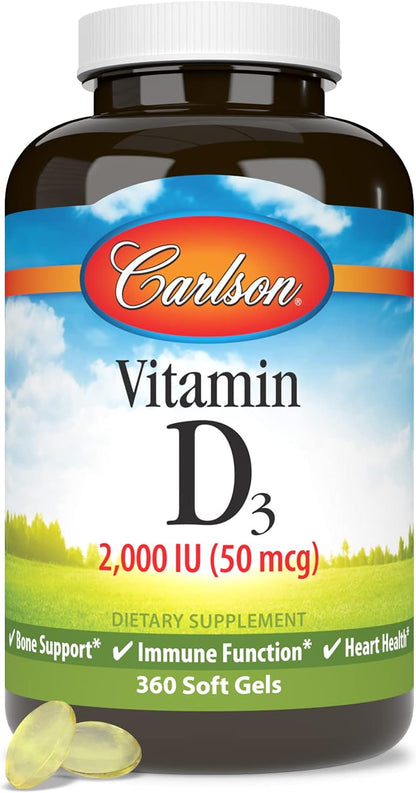 Carlson Vitamin D3, 2000 IU (50 mcg), for Bone and Muscle Health, Cholecalciferol, Vitamin D Supplement, Vitamin D3 Softgels, 360 Softgels