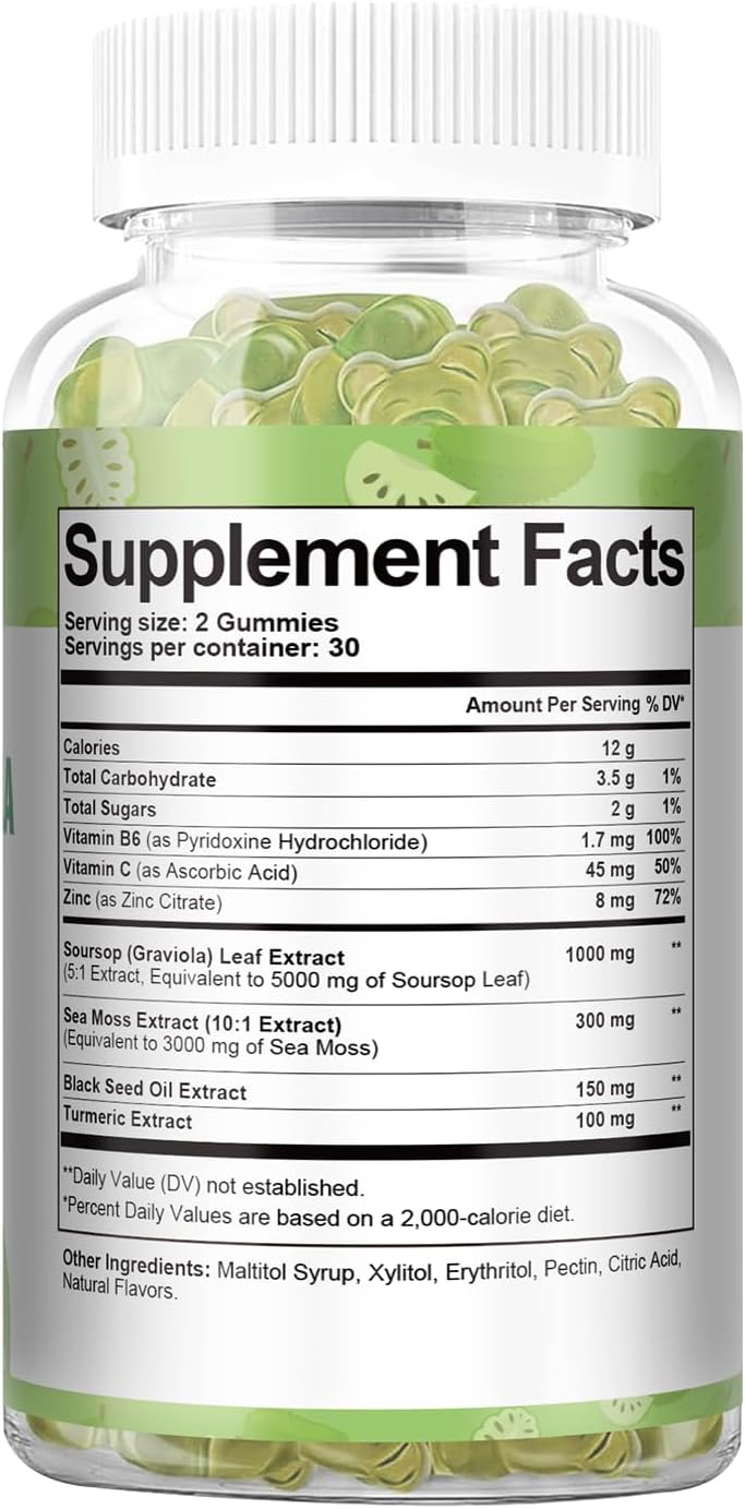 Totaria Sugar Free Soursop Oil Graviola Sea Moss Gummies - Supports Digestive, Sleep, Skin Health, Immunity & Antioxidant - Guanabana Fruit with Sea Moss, 150mg Black Seed Oil Organic Non-GM Vegan - görsel 9