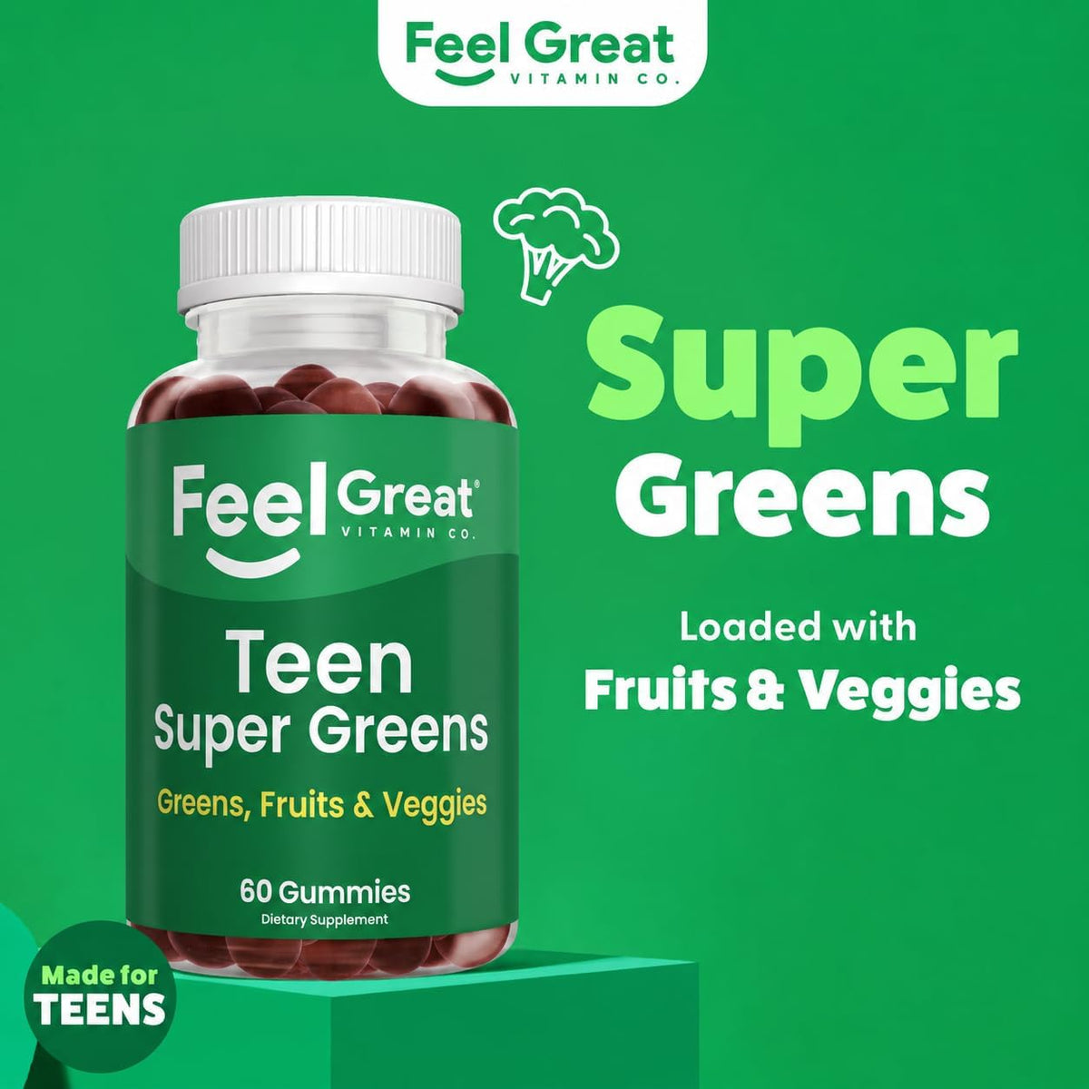 Feel Great Super Green Gummies Teen Vitamins - Vegan Veggie Gummy Multivitamin for Teenagers - 60 Count - görsel 2