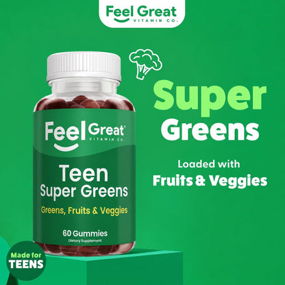 Feel Great Super Green Gummies Teen Vitamins - Vegan Veggie Gummy Multivitamin for Teenagers - 60 Count