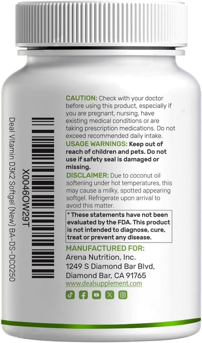 DEAL SUPPLEMENT Vitamin D3 5,000 IU + K2 MK7 100mcg Soft gel capsules | 2-in-1 Complex with Virgin Coconut Oil | Supports Heart, Bone, Teeth & Immune Health | Easy to Swallow