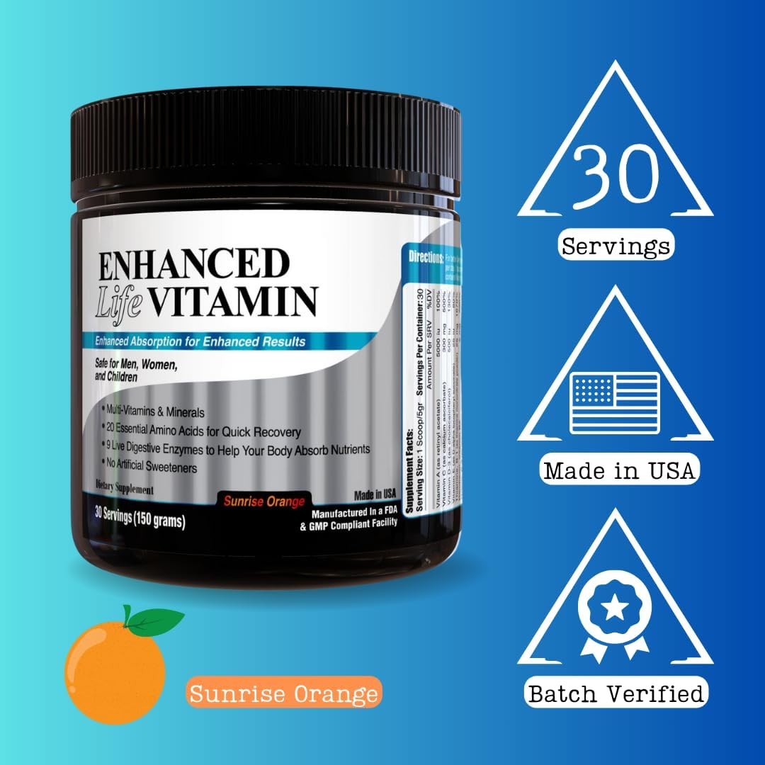 Enhanced Life Vitamin Powder - Cold Processed Multivitamin with Amino Acids & Digestive Enzymes for Energy, Mental Focus, & Nutrient Absorption - No Artificial Sweeteners - 30 Servings - Made in USA - görsel 5