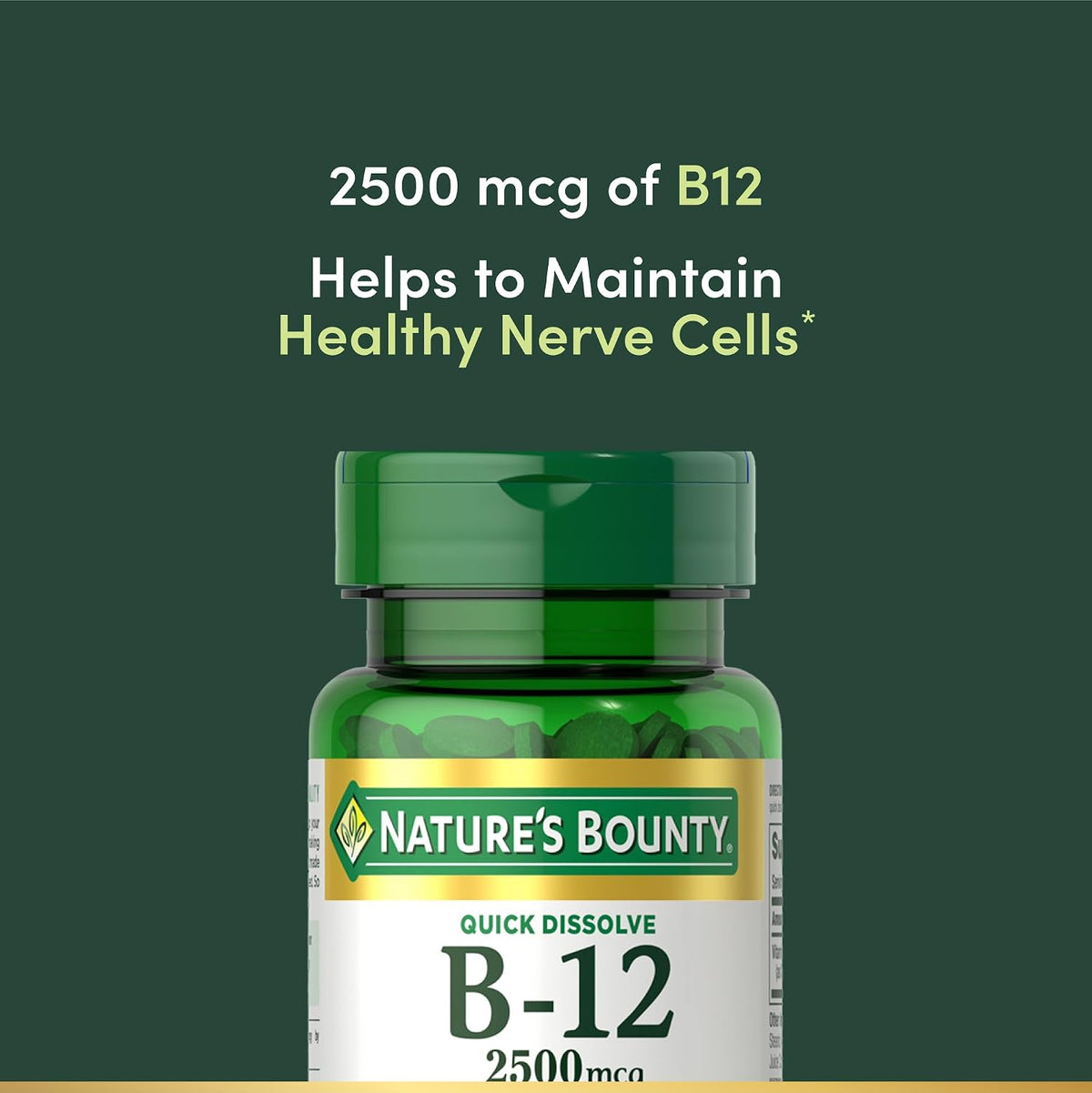 Nature's Bounty Vitamin B12 2500 mcg, Cellular Energy Support, for Energy Metabolism, Heart & Nervous System Health, 75 Quick Dissolve Tablets - görsel 3
